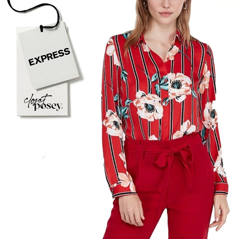 NWT . express . the city shirt blouse . red & black . small